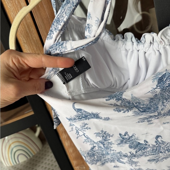 Cider Toile Print one piece swimsuit halter bow ruched de jouy grandmillenial - Picture 8 of 11